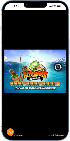 Big Bass Bonanza introscherm met visser en re-triggers op mobiele telefoon