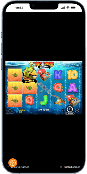 Free spins ronde met geldsymbolen en viswaarden in Big Bass Bonanza demo op smartphone
