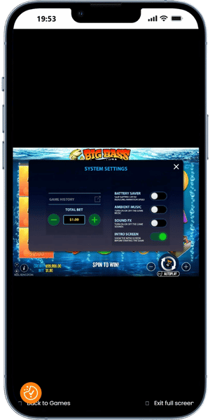 System Settings met inzet en geluidsinstellingen in Big Bass Bonanza demo op smartphone